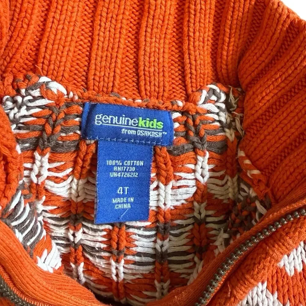 Osh Kosh B'gosh Fair Isle Sweater Boys Sz 4T Orange White 1/4 Zip Neck‎ VGC